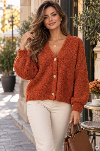 Rudy sweter oversize boucle zapinany na guziki Girellora