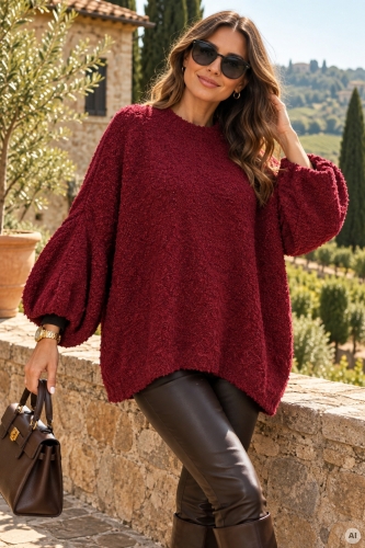 Sweter damski boucle bordowy oversize z okrągłym dekoltem i luźnym fasonem Partaloa
