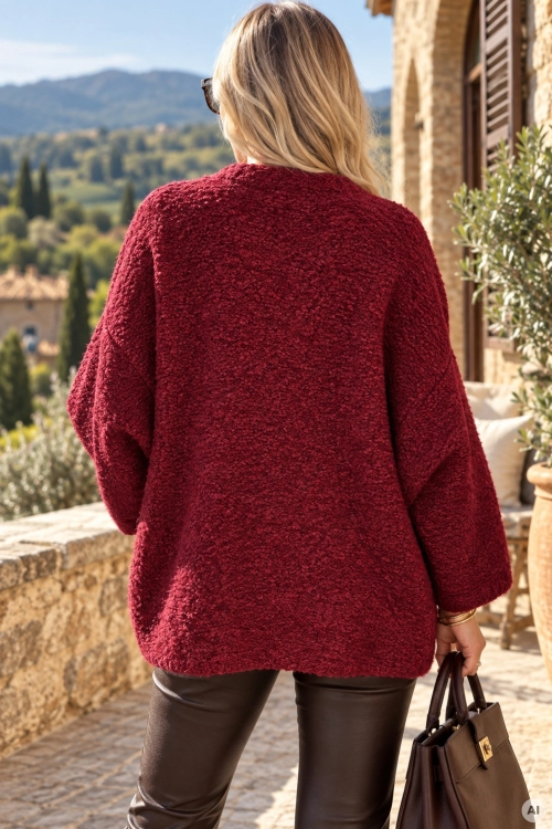 Sweter damski Partaloa bordowy z dzianiny boucle, luźnym fasonem oversize i okrągłym dekoltem