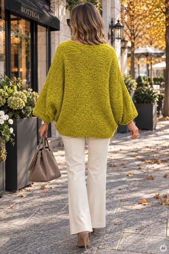 Oliwkowy sweter damski boucle oversize z miękką strukturą i dekoltem w serek V Tesinoa