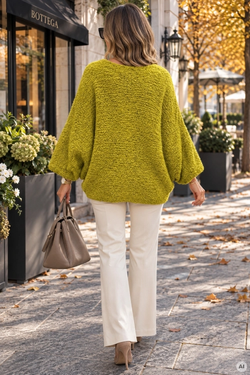 Oliwkowy sweter damski boucle oversize z miękką strukturą i dekoltem w serek V Tesinoa
