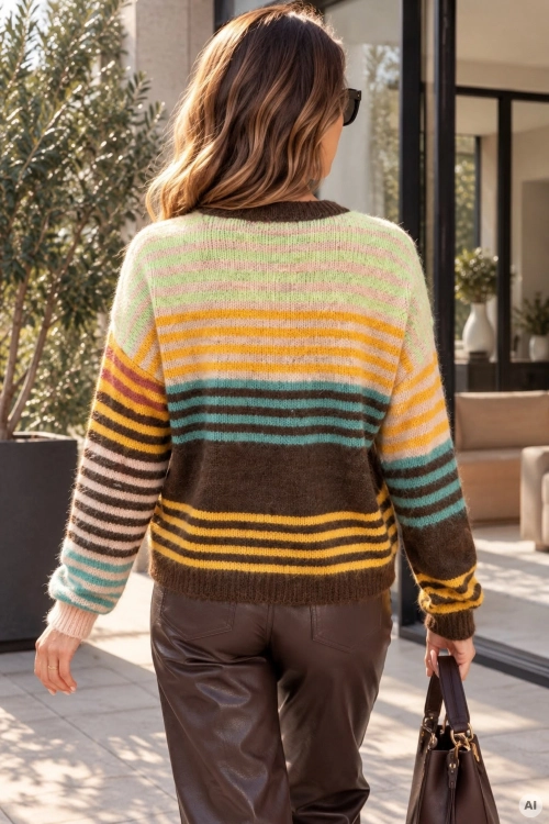 Elegancki sweter brązowy w pasy z wełną, guzikami i klasycznym fasonem Piedralaves