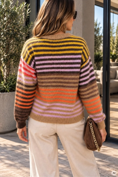 Elegancki sweter camelowy w pasy z wełną, guzikami i klasycznym fasonem Piedralaves