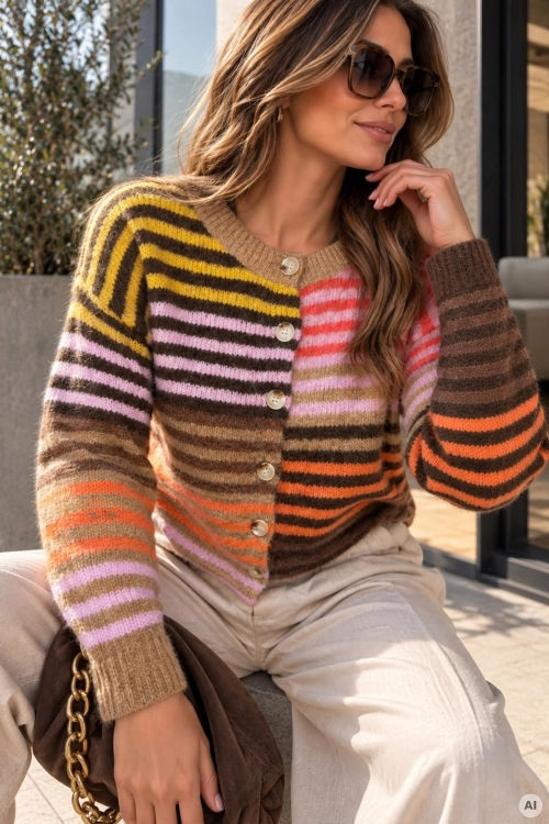 Sweter damski Piedralaves camelowy z wzorem pasków, zapięciem na guziki i miękką dzianiną
