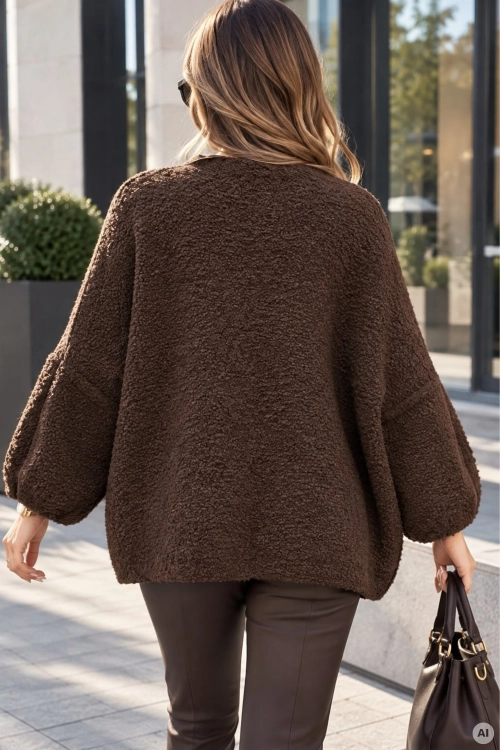 Elegancki sweter boucle brązowy o kroju oversize z szerokimi rękawami i klasycznym dekoltem Partaloa