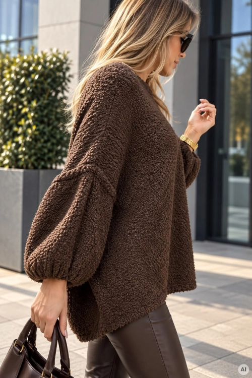 Sweter damski Partaloa brązowy z dzianiny boucle, luźnym fasonem oversize i okrągłym dekoltem
