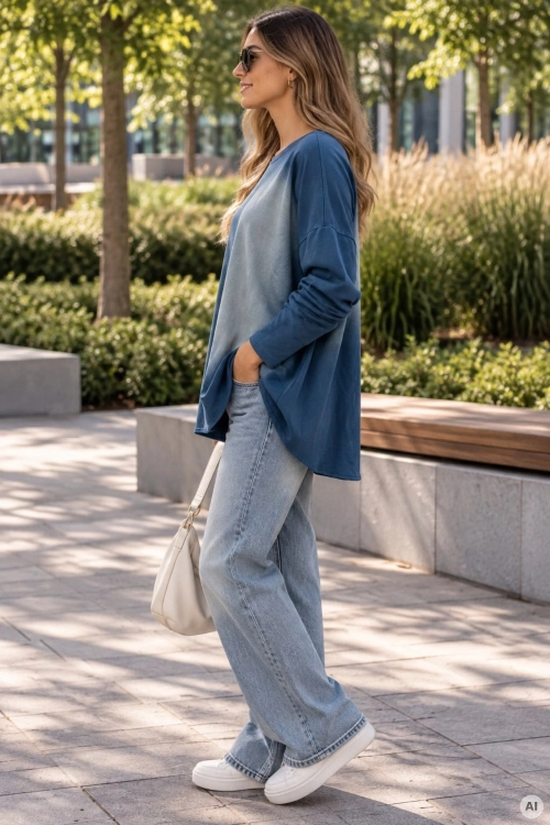 Modna bluza oversize granatowa z asymetrycznym dołem, długim rękawem i efektem sprania Andreis