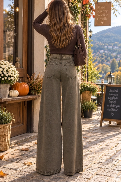 Wyjątkowe spodnie jeansowe ciemnobrązowe wide leg z wysokim stanem, komfortowym krojem i ponadczasowym stylem Grijalba