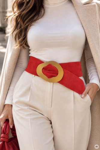 Elegancki pasek zamszowy koralowy Cubells z szerokim fasonem i ozdobną złotą klamrą do kobiecych stylizacji