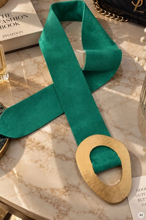 Szeroki pasek damski zamszowy lazurowy ze złotą klamrą, elegancki dodatek podkreślający talię Cubells