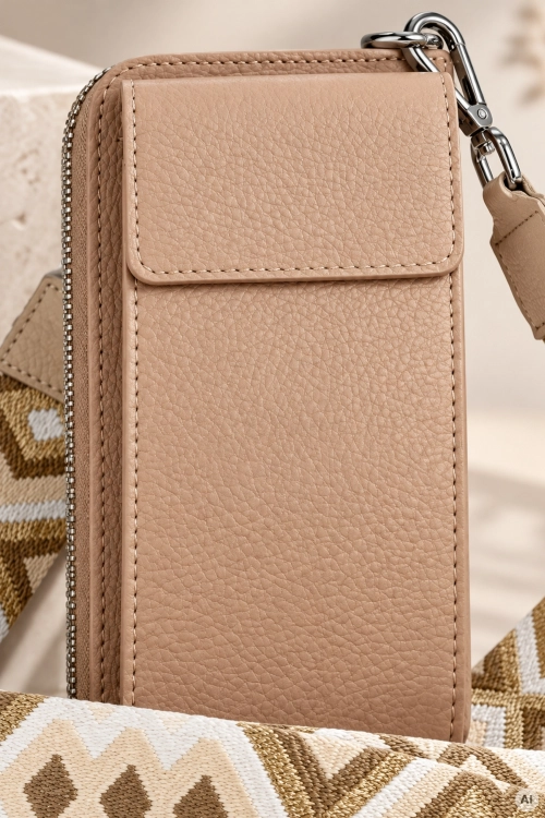 Wyjątkowa skórzana torebka nude typu crossbody z etui na telefon, szerokim parcianym paskiem i praktycznym krojem Anglesola