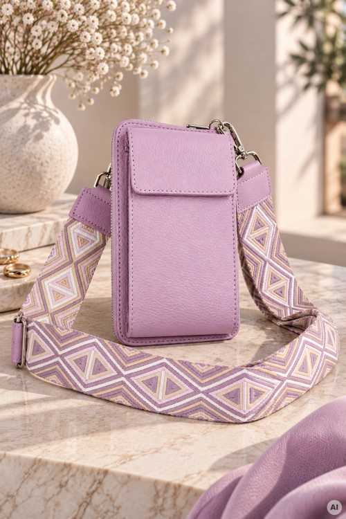 Wyjątkowa skórzana torebka lawendowa typu crossbody z saszetką, etui na telefon i szerokim parcianym paskiem Anglesola