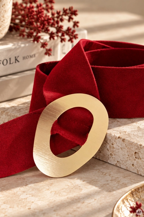 Pasek damski Cubells burgundowy z zamszu z szeroką formą i ozdobną złotą klamrą jako stylowy dodatek