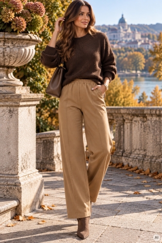 Spodnie wide leg camelowe z wysokim stanem Sottevilla