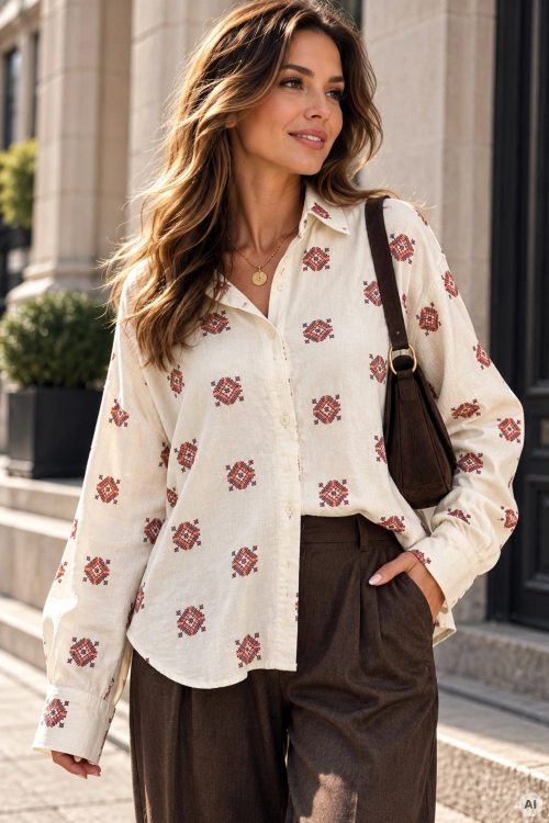 Elegancka koszula damska Quito w kolorze śmietankowym z bawełny i ozdobnym haftem w stylu boho