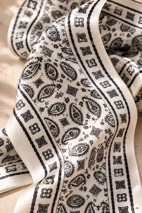 Wąska apaszka śmietankowa Latacunga z modnym wzorem paisley, idealna do klasycznych i francuskich stylizacji