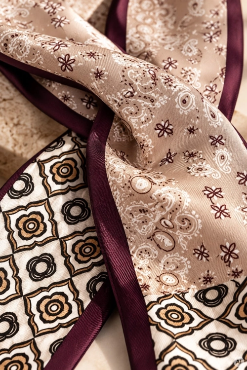 Wąska apaszka beżowa Latacunga z modnym wzorem paisley i geometrycznym, stylowy dodatek do klasycznych stylizacji