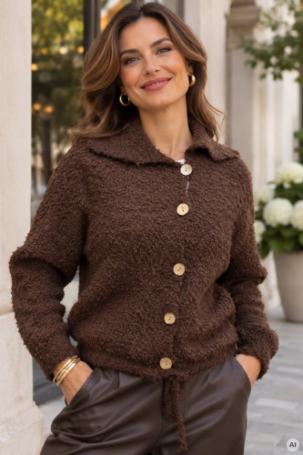 Sweter damski boucle brązowy zapinany na guziki z kołnierzykiem Palenque