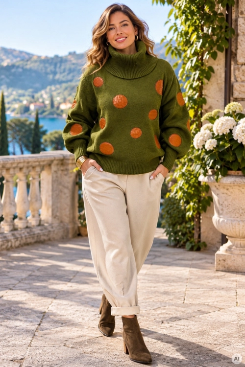 Modny sweter khaki Arquata z wysokim kołnierzem i okrągłymi ozdobami z ekoskóry