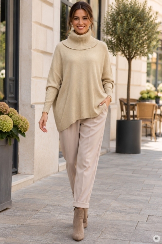 Dzianinowy sweter oversize ciemnobeżowy Bollatea z wiskozą