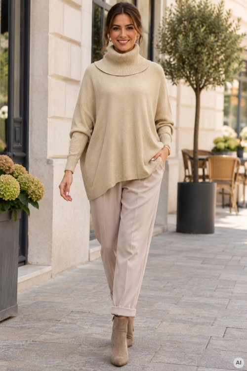 Dzianinowy sweter oversize ciemnobeżowy Bollatea z wiskozą