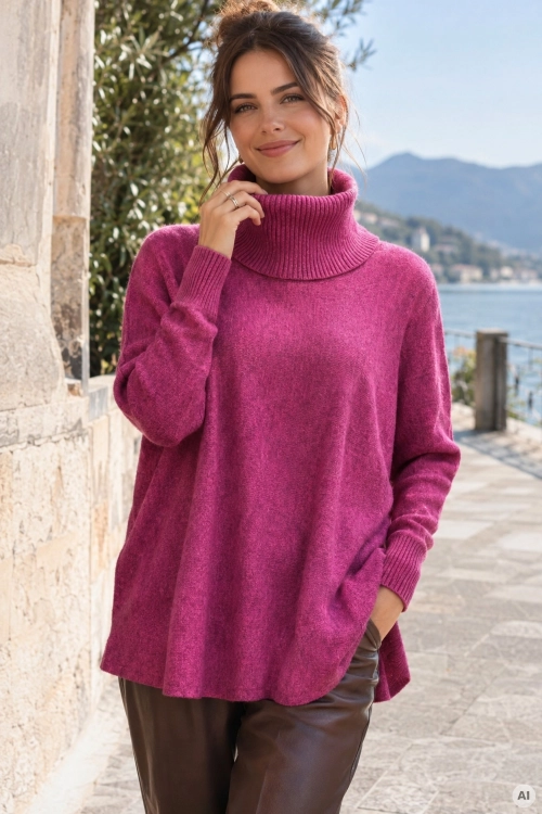 Dzianinowy sweter fuksja Bollatea z wysokim golfem