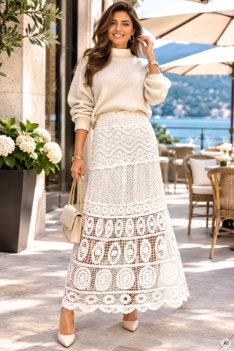 Spódnica damska midi biała ażurowa szydełkowa w stylu boho Isnello
