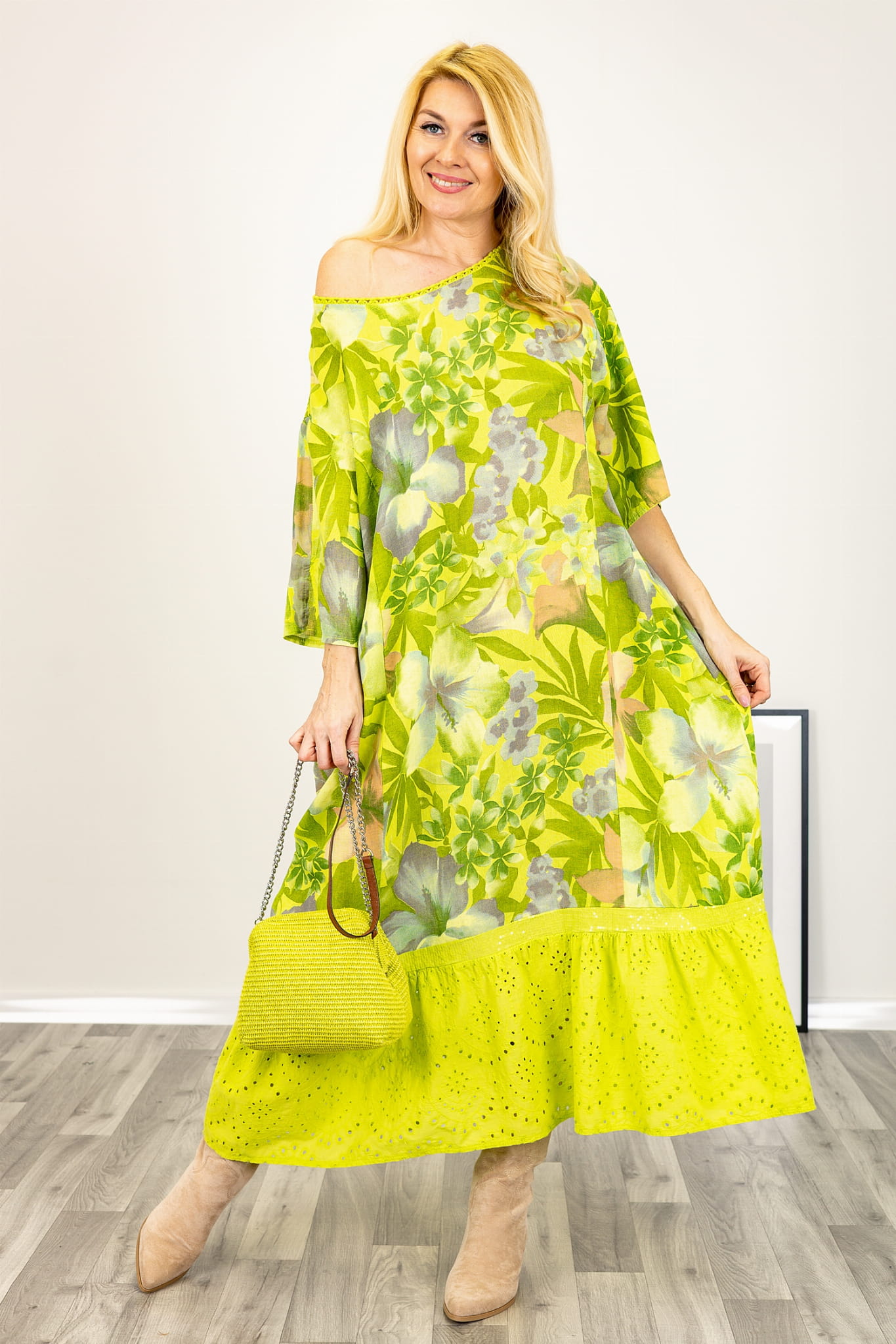 LNIANA SUKIENKA ARSICCIA OVERSIZE W KWIATY LIMONKOWA